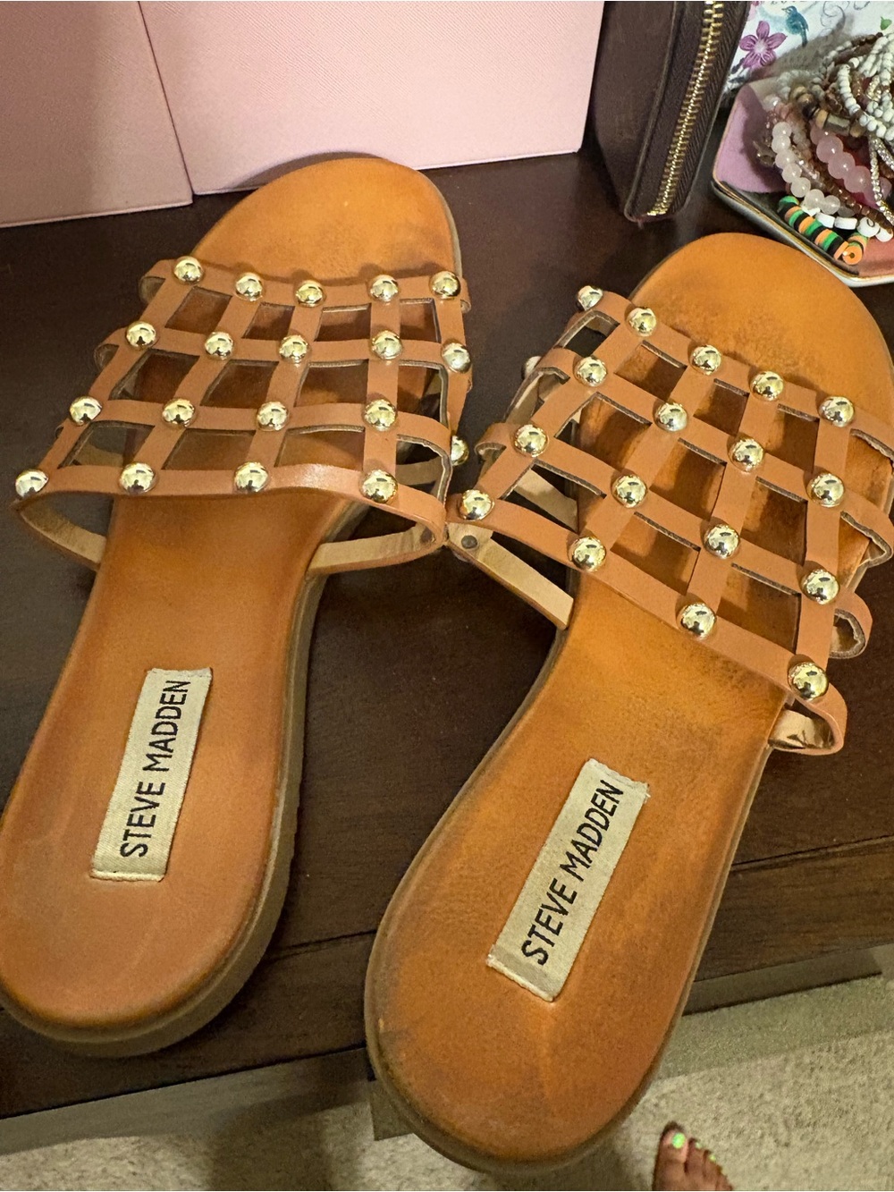 Steve Madden Tan Cage Slide Sandals with Gold Studs